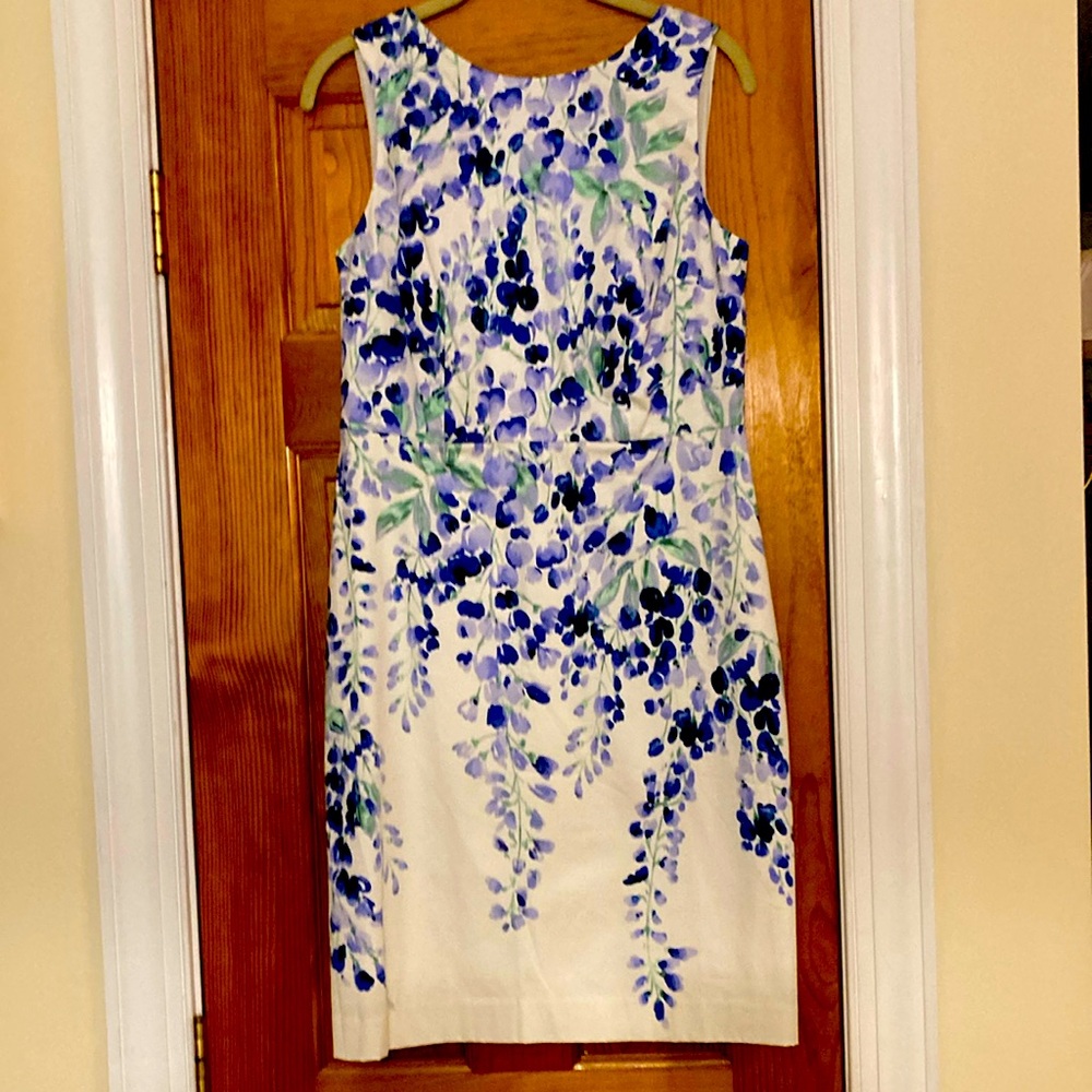 Talbots Blue and Purple on White Sheath Sleeveless Dress Scoop Neck